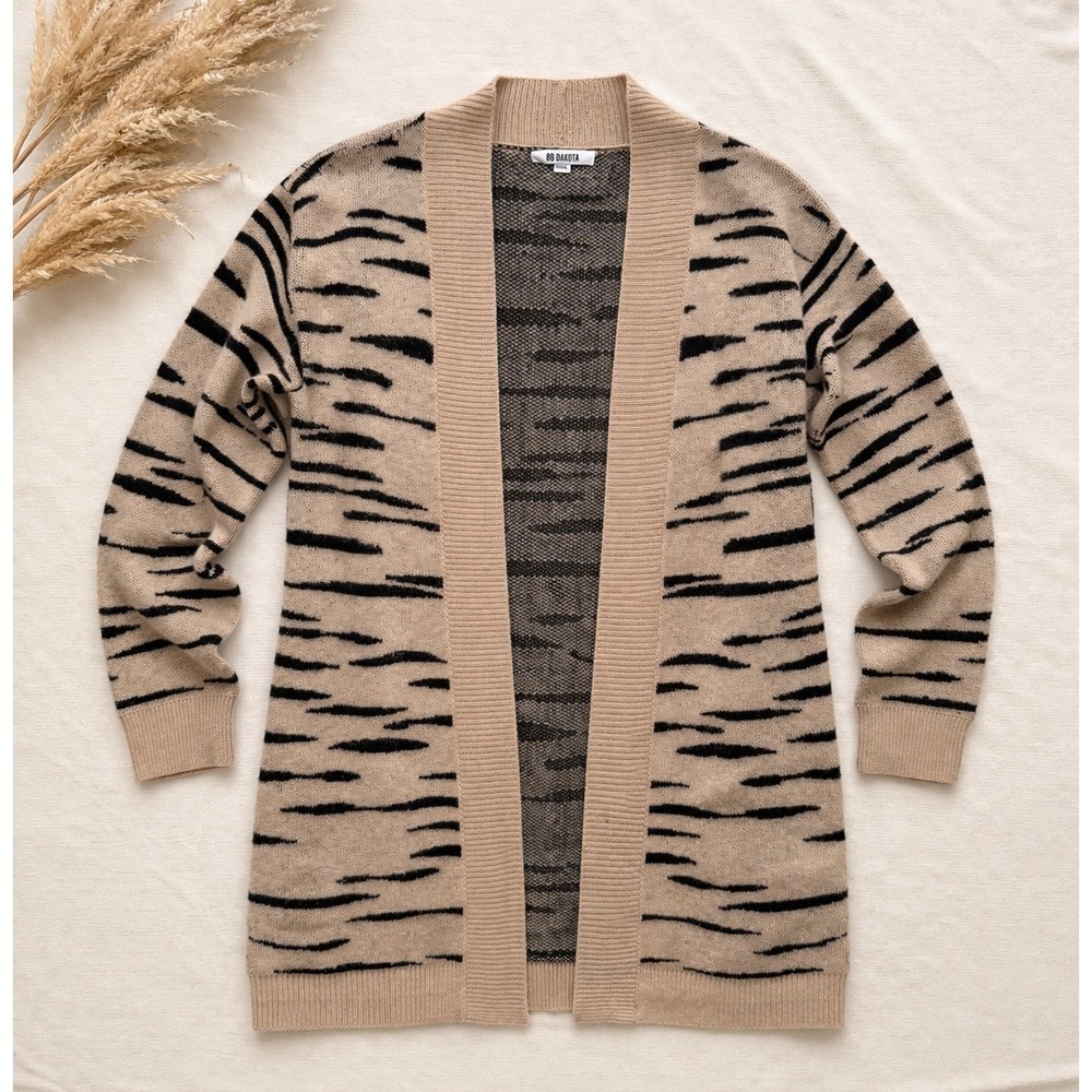 Animal Print Neutral Cozy Open Front Longline‎ Cardigan Sweater (XS) Layering